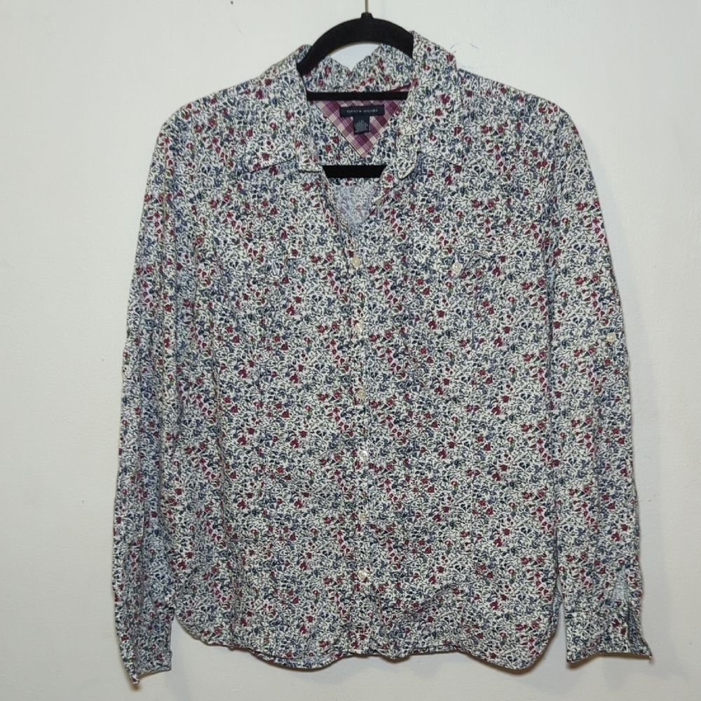 Tommy Hilfiger White Blouse w/ Red + Blue Floral Floral Print Women's Size L
